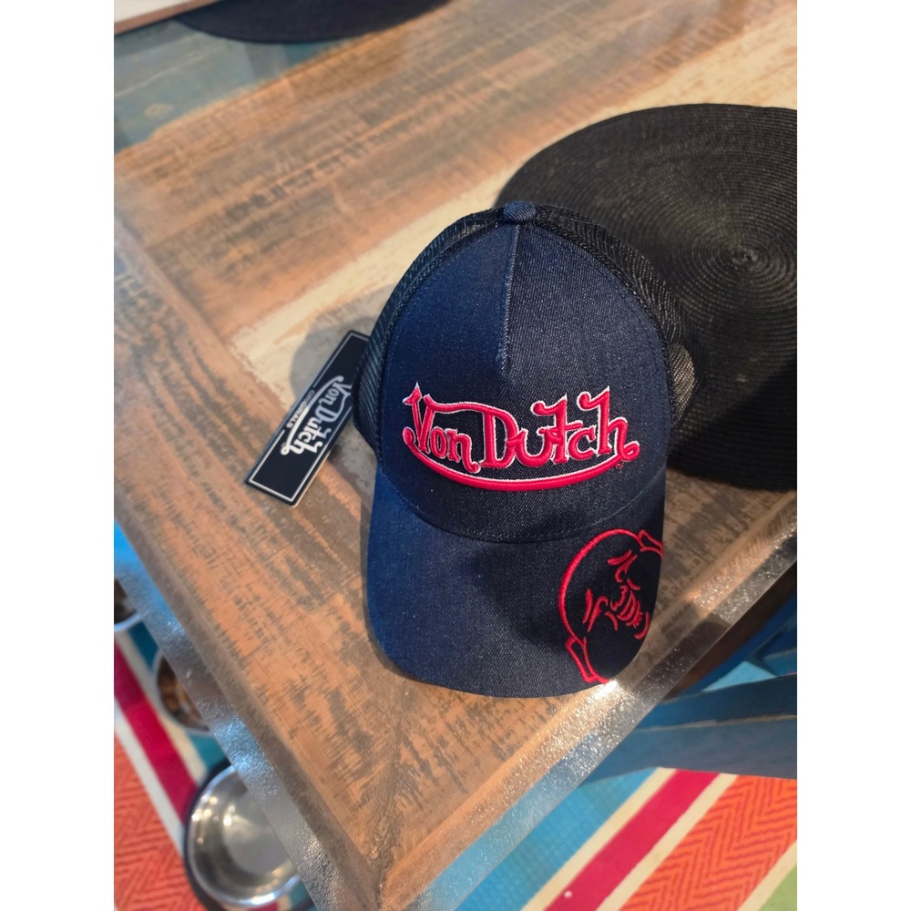 Von Dutch Originals Denim Trucker Hat Pink Logo Mesh Snapback Cap VDTH-204 NEW
